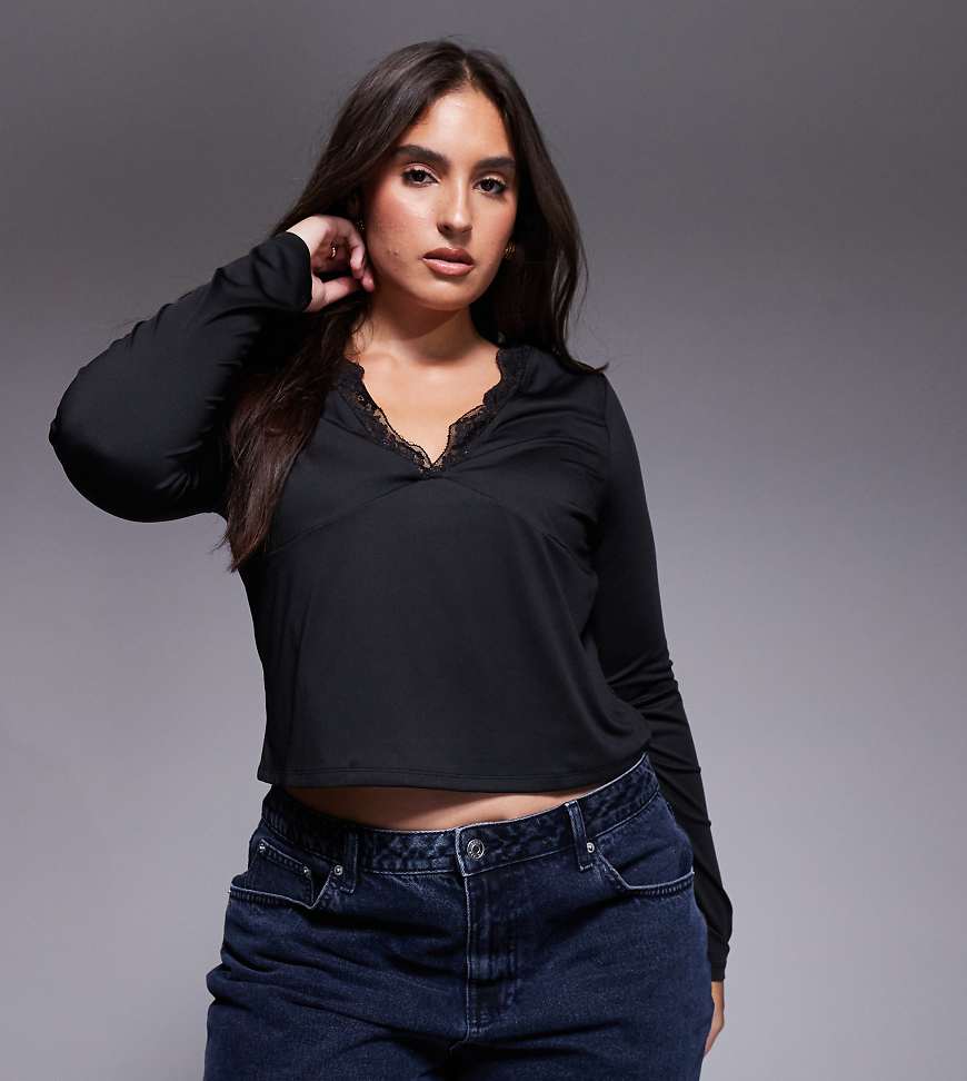 ASOS DESIGN Curve - Anschmiegsames, langärmliges Oberteil in Schwarz mit tiefem V-Ausschnitt und Spitzenborte von ASOS Curve