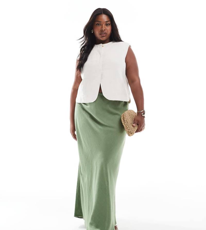 ASOS DESIGN Curve - Asymmetrisch geschnittener Maxirock aus Leinenmix in Khaki-Grün von ASOS Curve