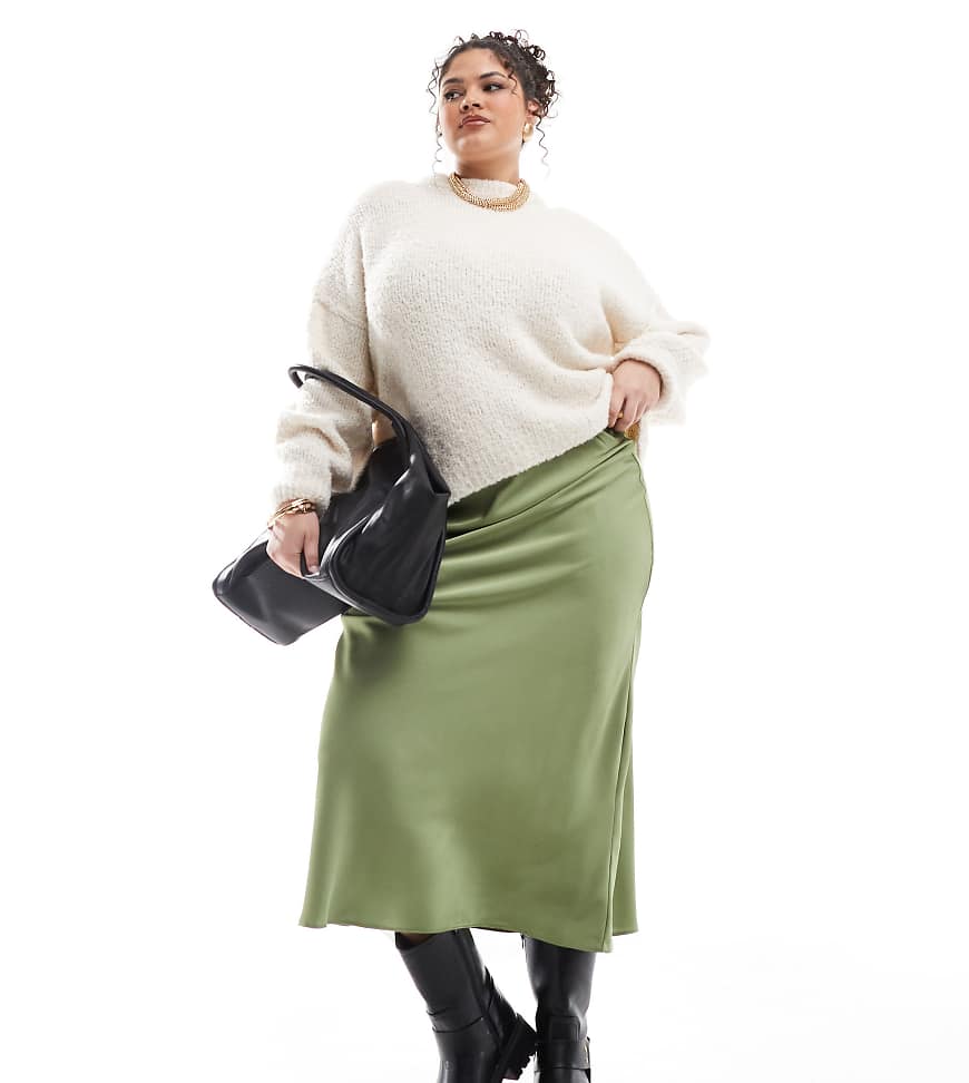 ASOS DESIGN Curve - Asymmetrischer Satin-Midirock in Khaki-Grün ASOS DESIGN Curve - Asymmetrischer Satin-Midirock in Khaki-Grün von ASOS Curve