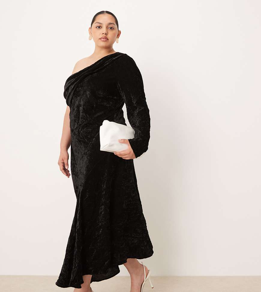 ASOS DESIGN Curve - Asymmetrisches, drapiertes Samt-Maxikleid in Schwarz von ASOS Curve