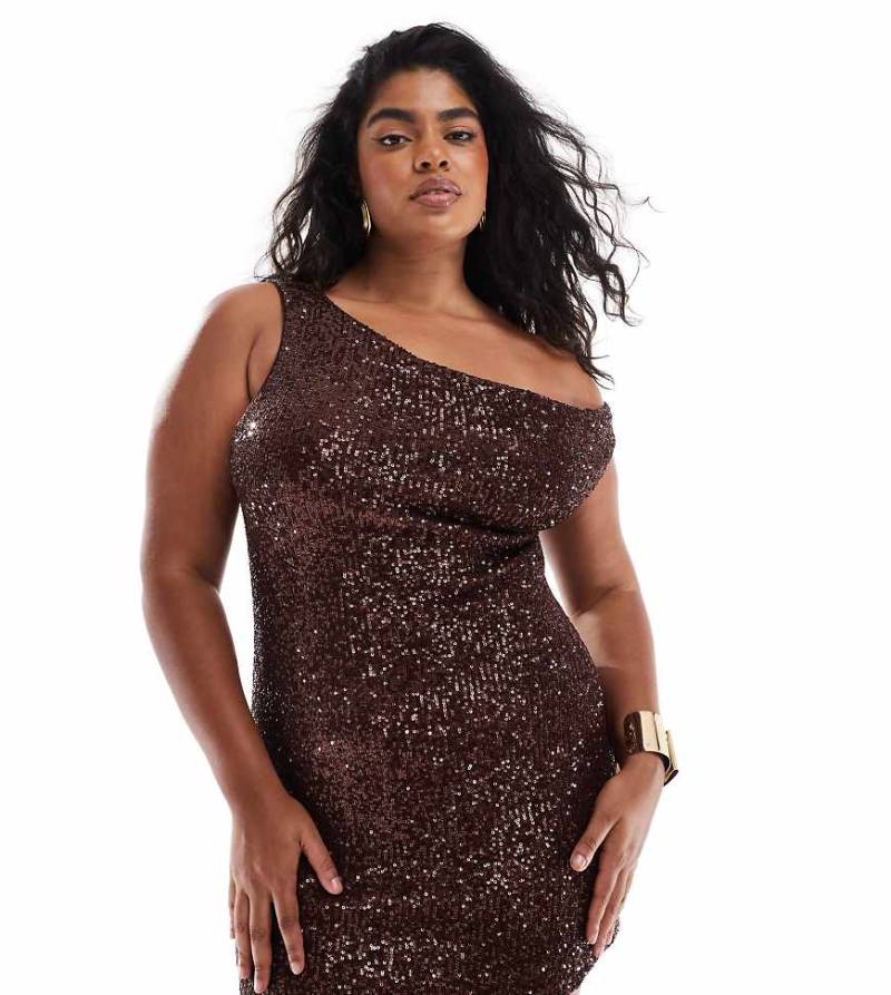 ASOS DESIGN Curve - Asymmetrisches, schulterfreies Pailletten-Minikleid in Schokobraun von ASOS Curve