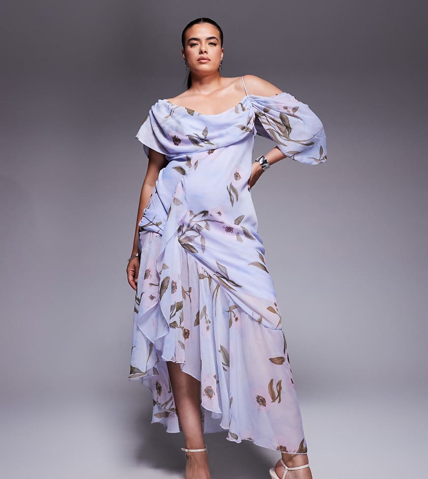 ASOS DESIGN Curve - Asymmetrisches, wadenlanges Kleid in Blau mit Wasserfallausschnitt, asymmetrischem Schößchen und Blumenprint ASOS DESIGN Curve - Asymmetrisches, wadenlanges Kleid in Blau mit Wasserfallausschnitt, asymmetrischem Schößchen und Blumenprint von ASOS Curve