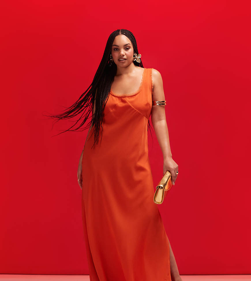 ASOS DESIGN Curve - Asymmetrisches Maxikleid in Dunkelorange mit U-Ausschnitt und ausgefranstem Saum ASOS DESIGN Curve - Asymmetrisches Maxikleid in Dunkelorange mit U-Ausschnitt und ausgefranstem Saum von ASOS Curve