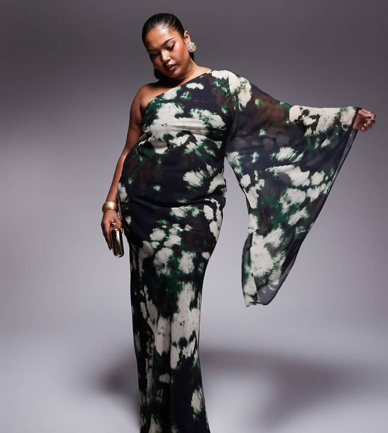 ASOS DESIGN Curve - Asymmetrisches Maxikleid mit One-Shoulder-Ärmel und abstraktem Muster-Bunt von ASOS Curve