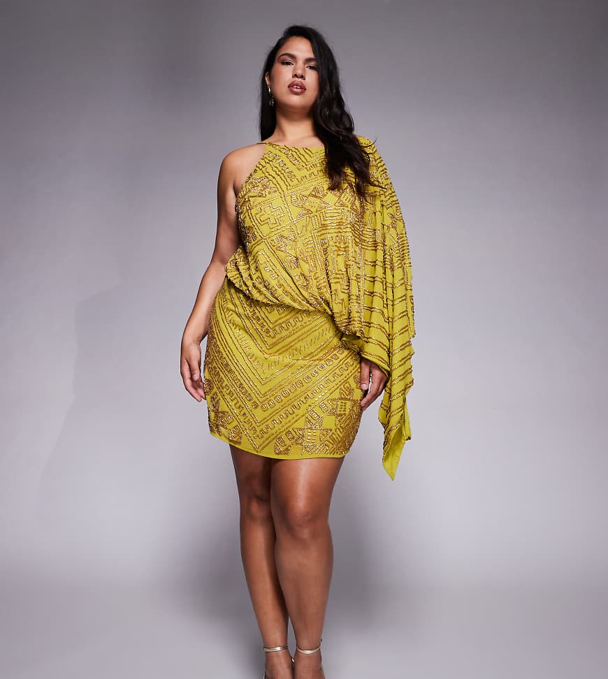 ASOS DESIGN Curve - Asymmetrisches Minikleid in Chartreusegelb mit durchgehender Verzierung und Cape-Detail-Grün von ASOS Curve