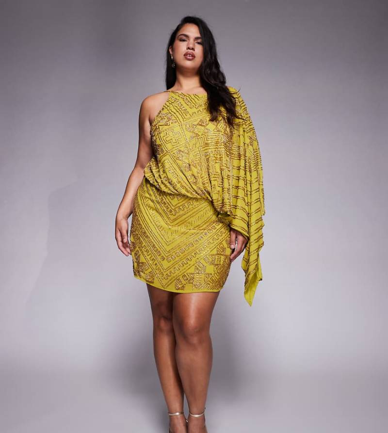 ASOS DESIGN Curve - Asymmetrisches Minikleid in Chartreusegelb mit durchgehender Verzierung und Cape-Detail-Grün von ASOS Curve