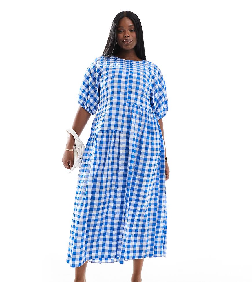 ASOS DESIGN Curve - Asymmetrisches T-Shirt-Midikleid mit Vichykaromuster in Blau-Bunt von ASOS Curve