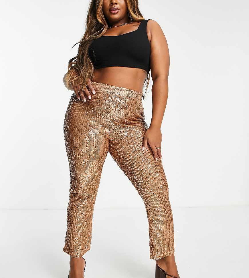ASOS DESIGN Curve - Ausgestellte Jersey-Anzughose mit Paillettenbesatz in Roségold-Goldfarben von ASOS Curve