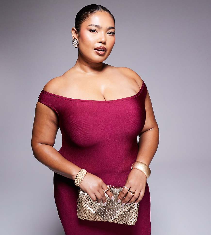 ASOS DESIGN Curve - Bandagen-Midikleid in Beerenrot mit Carmen-Ausschnitt von ASOS Curve