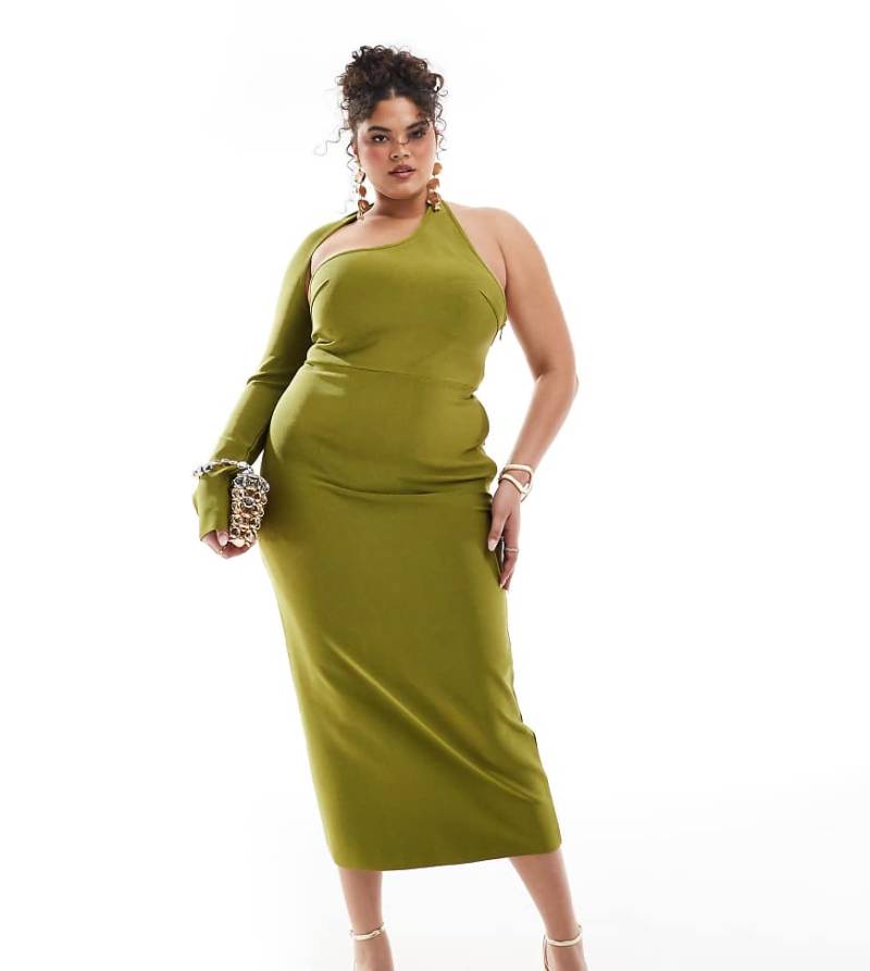 ASOS DESIGN Curve - Bandagen-Midikleid in Grün mit einem Ärmel und Wickel-Ausschnitt von ASOS Curve