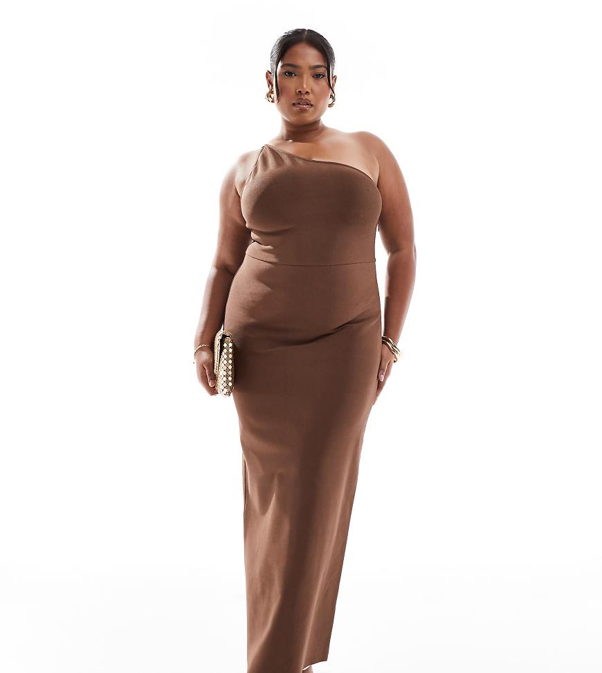 ASOS DESIGN Curve - Bandagen-Midikleid in Schokobraun mit One-Shoulder-Träger und Rückenausschnitt von ASOS Curve