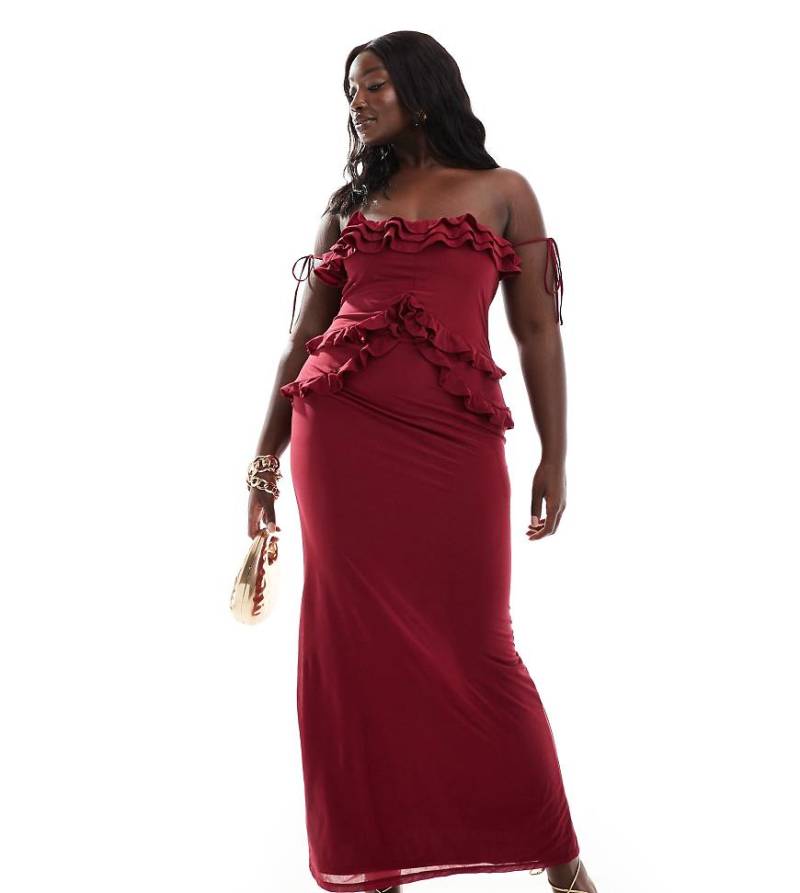 ASOS DESIGN Curve - Bardot-Maxikleid in Burgunderrot mit Rüschendetail von ASOS Curve