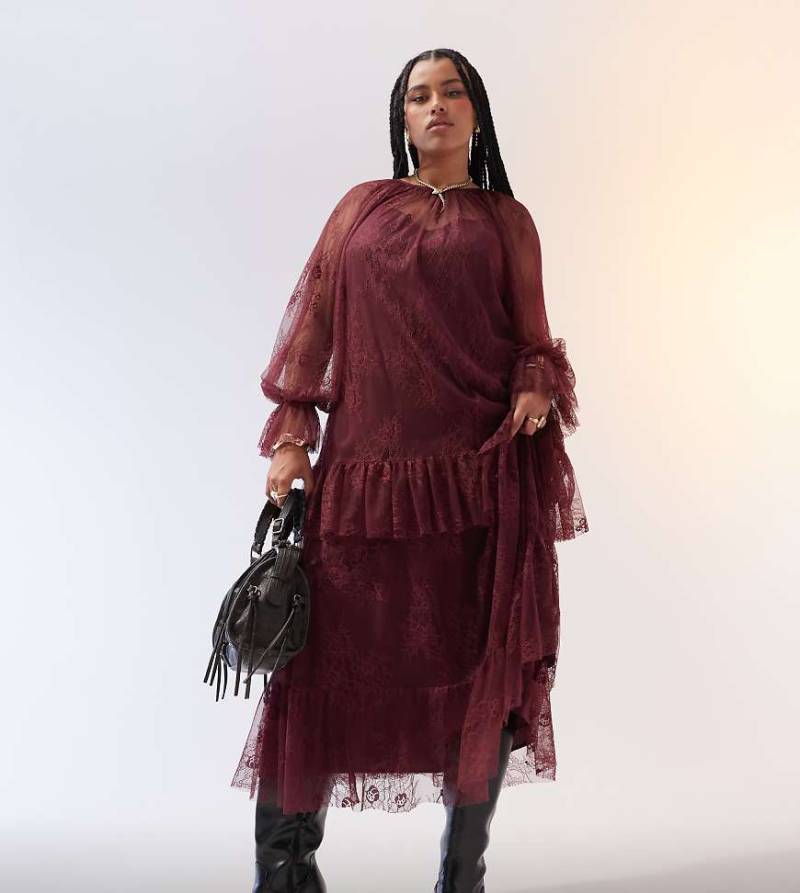 ASOS DESIGN Curve - Bardot-Maxikleid in Burgunderrot mit Rüschendetail von ASOS Curve