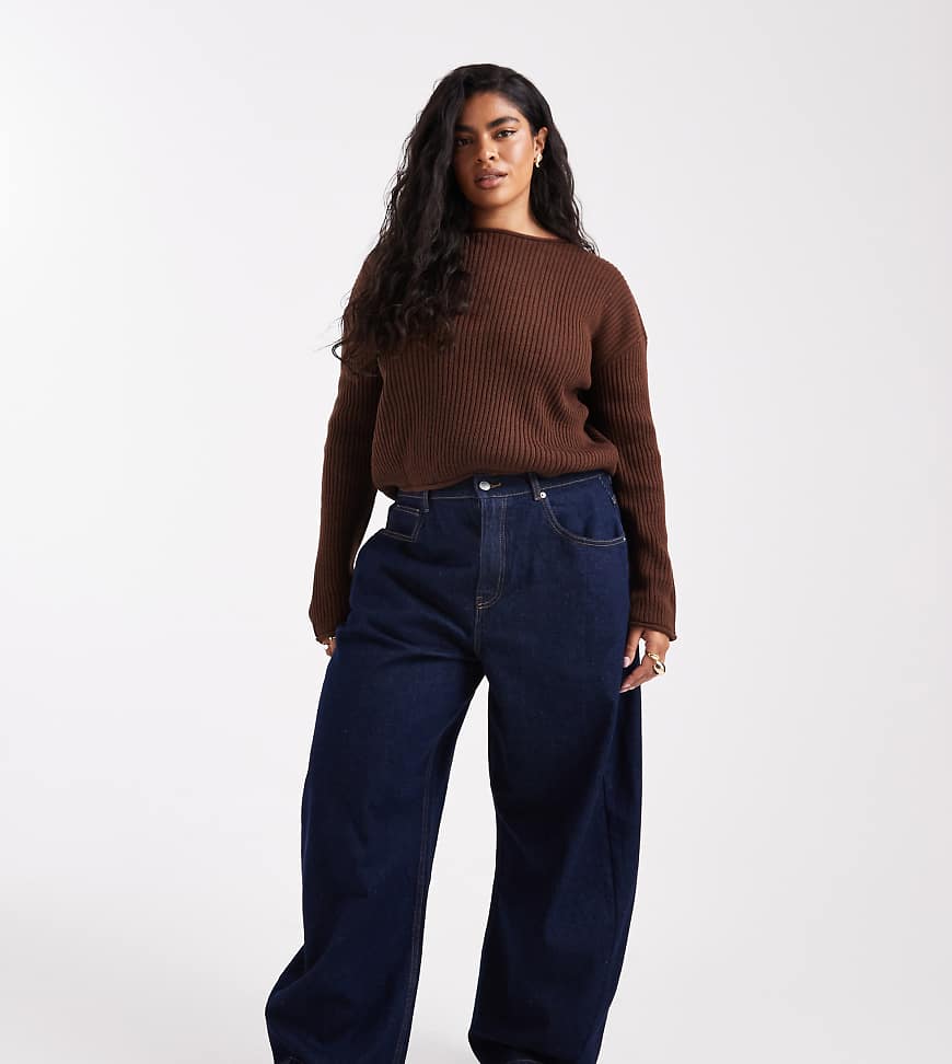 ASOS DESIGN Curve - Barrel-Jeans in Rinse-Waschung mit hohem Bund-Marineblau von ASOS Curve