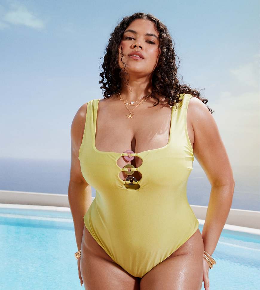 ASOS DESIGN Curve - Bella - Strukturierter Badeanzug in leuchtendem Hellgrün mit perlenbesetztem Ringdetail von ASOS Curve