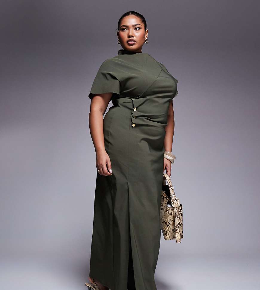 ASOS DESIGN Curve - Bengaline-Midikleid in Khakigrün mit geraffter Taille von ASOS Curve
