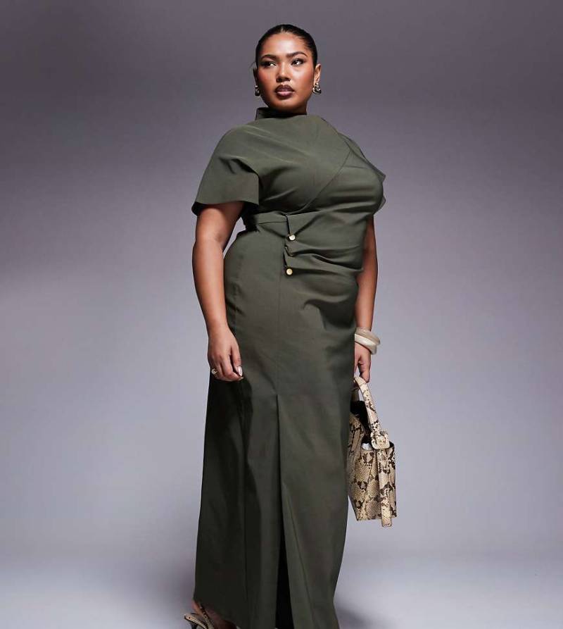 ASOS DESIGN Curve - Bengaline-Midikleid in Khakigrün mit geraffter Taille von ASOS Curve