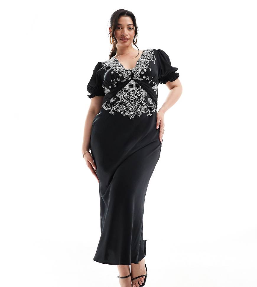 ASOS DESIGN Curve - Besticktes Midi-Freizeitkleid aus Satin in Schwarz ASOS DESIGN Curve - Besticktes Midi-Freizeitkleid aus Satin in Schwarz von ASOS Curve