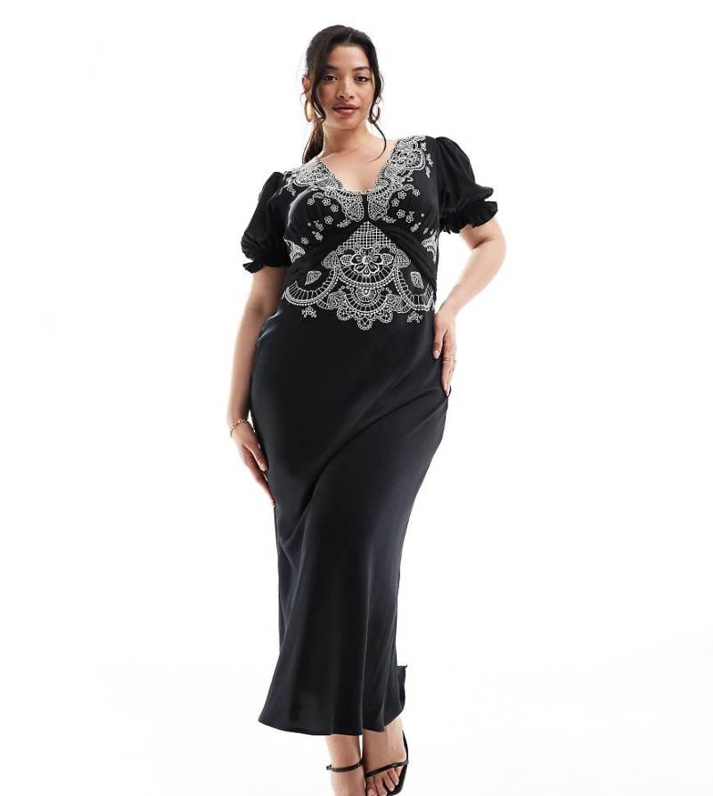 ASOS DESIGN Curve - Besticktes Midi-Freizeitkleid aus Satin in Schwarz von ASOS Curve