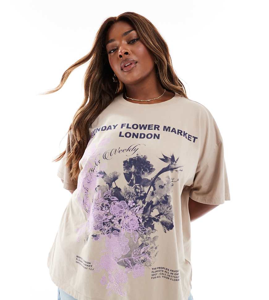 ASOS DESIGN Curve - Besticktes Oversize-T-Shirt mit „Flower Market"-Print-Braun von ASOS Curve
