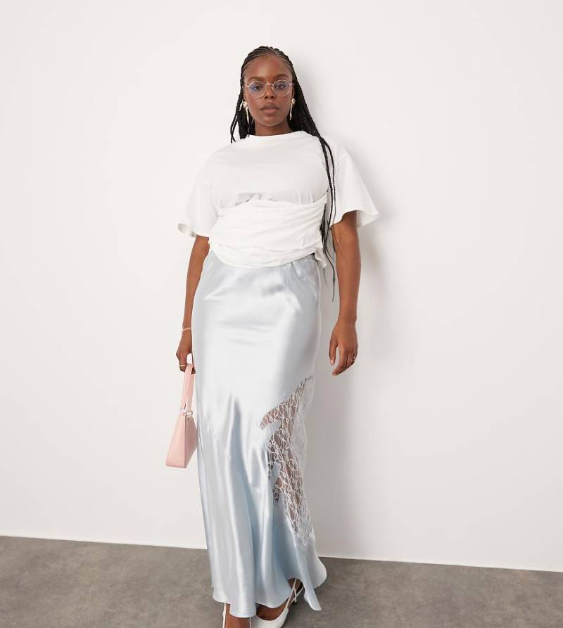 ASOS DESIGN Curve - Blauer Maxirock aus Satin und Spitze von ASOS Curve