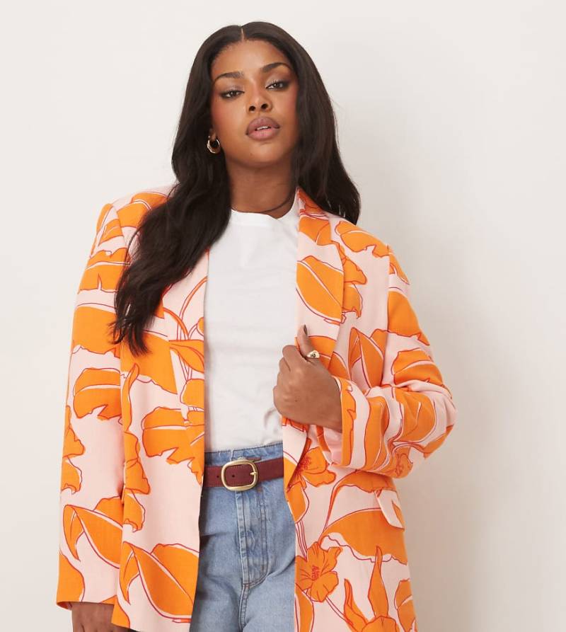ASOS DESIGN Curve - Blazer mit Leinenanteil, lockerem Schnitt und Palmenmuster-Bunt von ASOS Curve