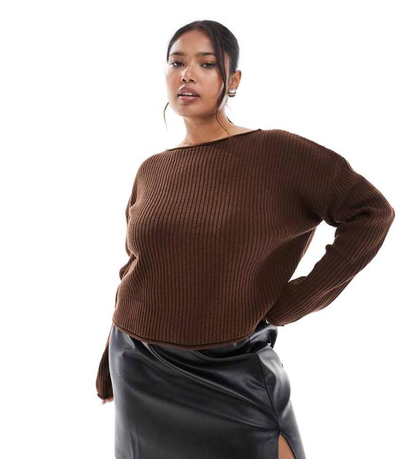 ASOS DESIGN Curve - Boxy Fit Pullover in Schokobraun aus Rippstrick mit aufgerollten Kanten und Rundhalsausschnitt von ASOS Curve