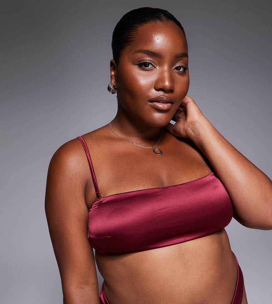 ASOS DESIGN Curve - Brooke - Trägerloser BH aus schlichtem Satin und Netzstoff in Burgunderrot von ASOS Curve