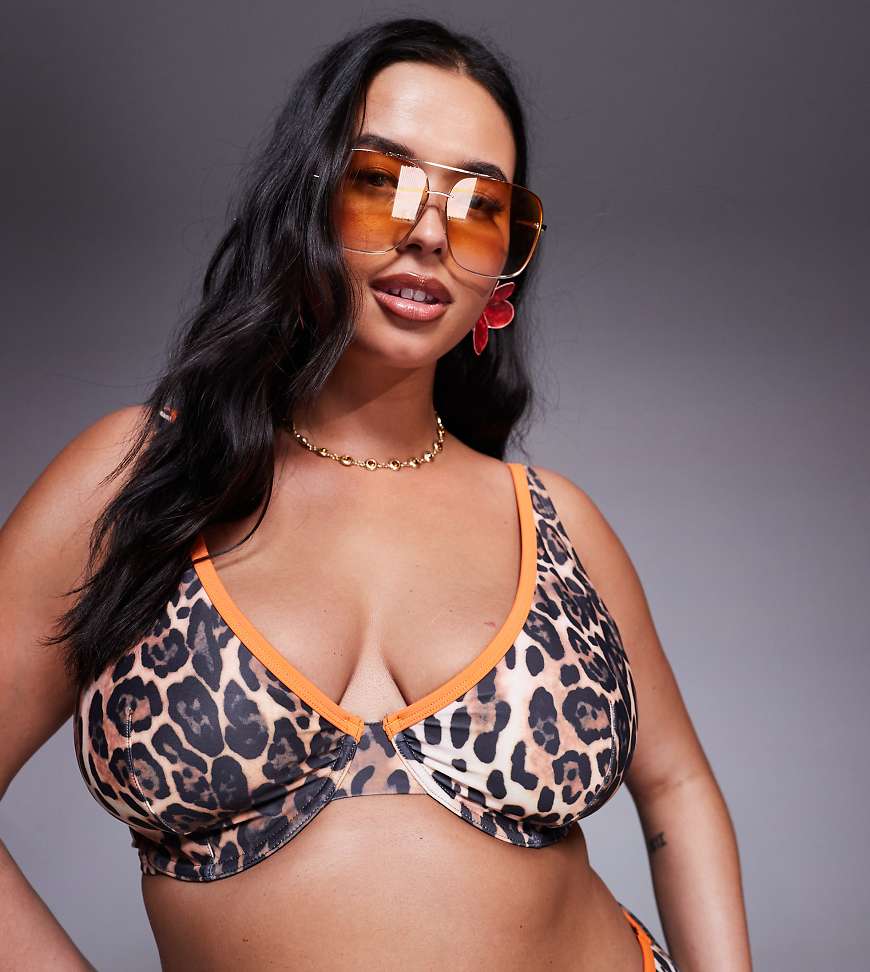 ASOS DESIGN Curve - Bügel-Bikinioberteil mit Leopardenmuster, farblich abgesetzter Einfassung und Animalprint-Bunt von ASOS Curve