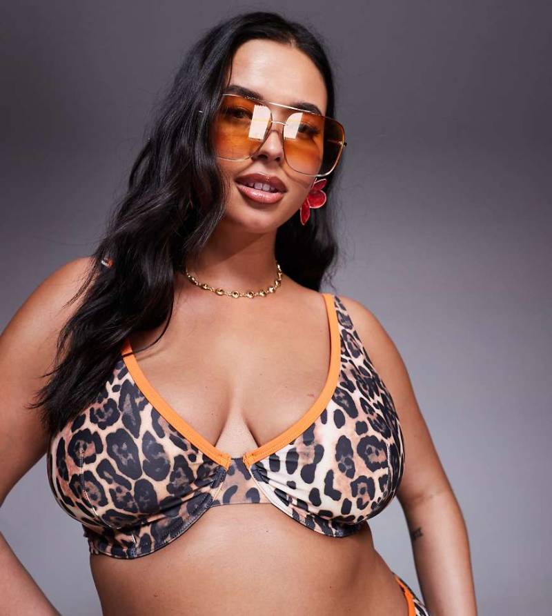 ASOS DESIGN Curve - Bügel-Bikinioberteil mit Leopardenmuster, farblich abgesetzter Einfassung und Animalprint-Bunt von ASOS Curve