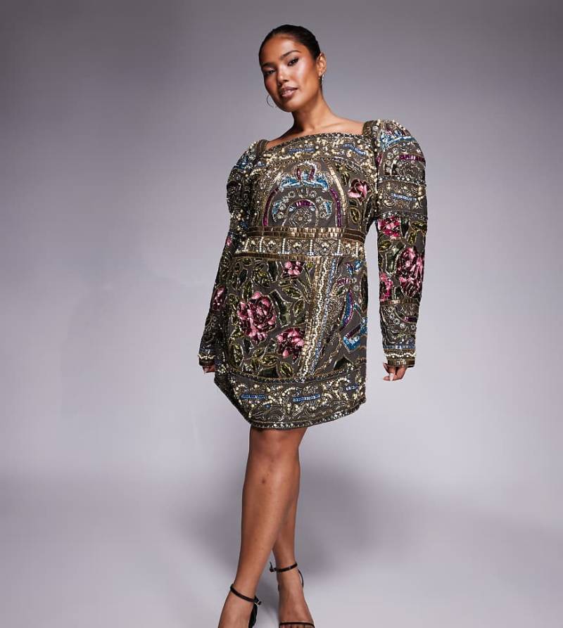 ASOS DESIGN Curve - Bunt verziertes Minikleid mit gewölbten Ärmeln und hohem, geschwungenem Ausschnitt von ASOS Curve