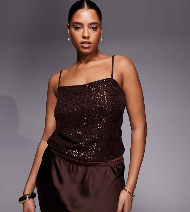 ASOS DESIGN Curve - Camisole-Oberteil in Schokobraun mit durchgehendem Paillettenbesatz-Schwarz von ASOS Curve