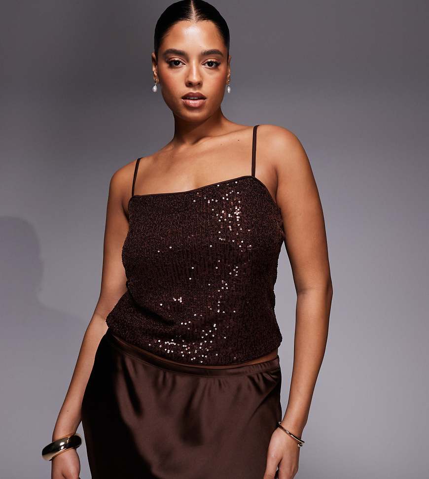 ASOS DESIGN Curve - Camisole-Oberteil in Schokobraun mit durchgehendem Paillettenbesatz-Schwarz von ASOS Curve