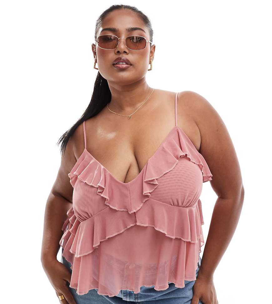 ASOS DESIGN Curve - Camisole aus Netzstoff in gedecktem Rosa mit Rüschen von ASOS Curve