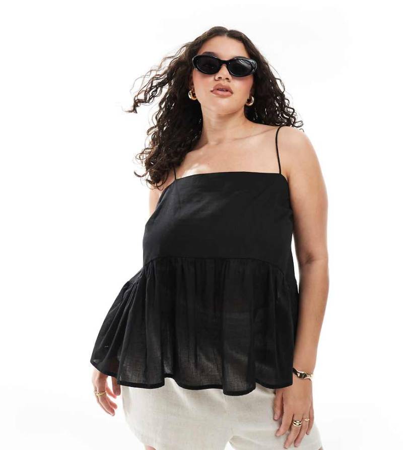 ASOS DESIGN Curve - Camisole in Schwarz mit gebundenen Trägern und voluminösem Schößchen von ASOS Curve