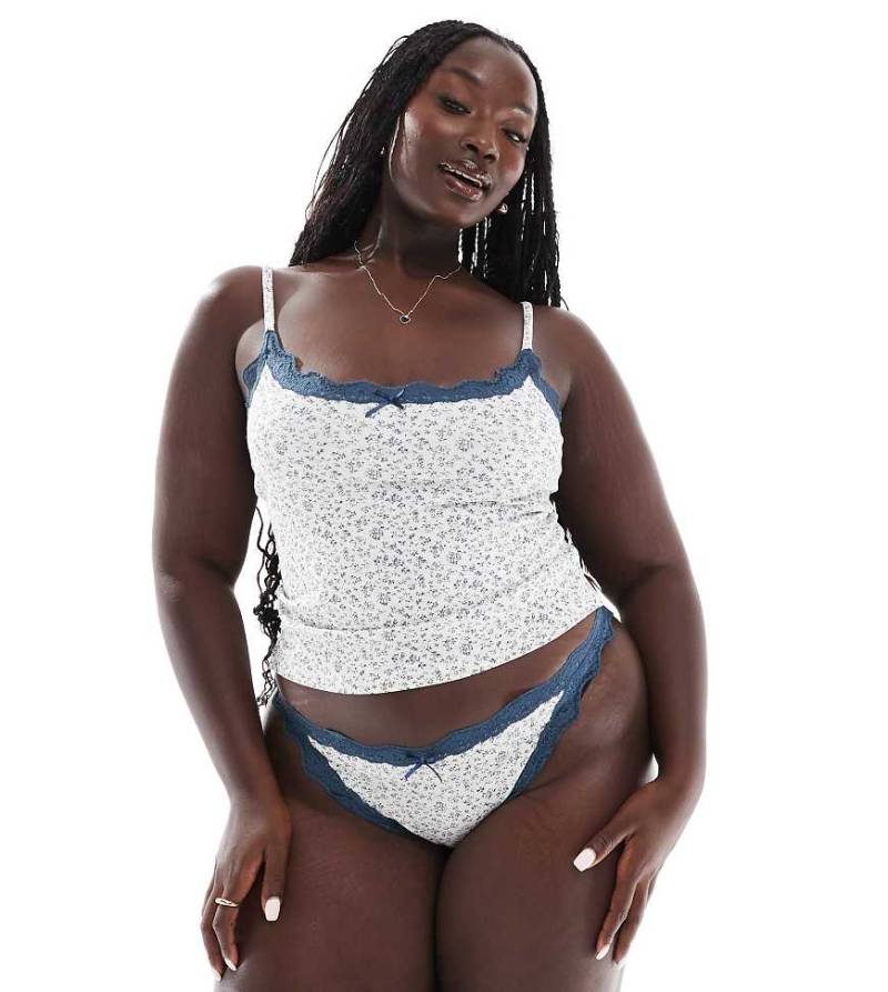 ASOS DESIGN Curve - Cassie - Set aus geripptem Camisole und Slip in Grau und Marineblau mit Blümchenmuster von ASOS Curve