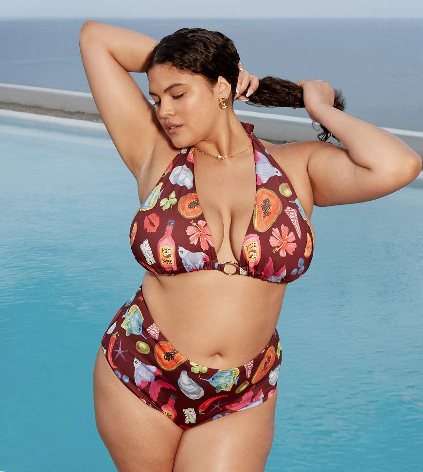 ASOS DESIGN Curve - Celeste - Bikinihose mit hohem Beinausschnitt, hoher Taille und Urlaubsprint-Bunt von ASOS Curve