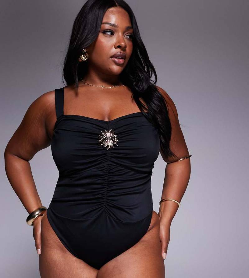 ASOS DESIGN Curve - Celina - Badeanzug in Schwarz mit Spiralverzierung von ASOS Curve