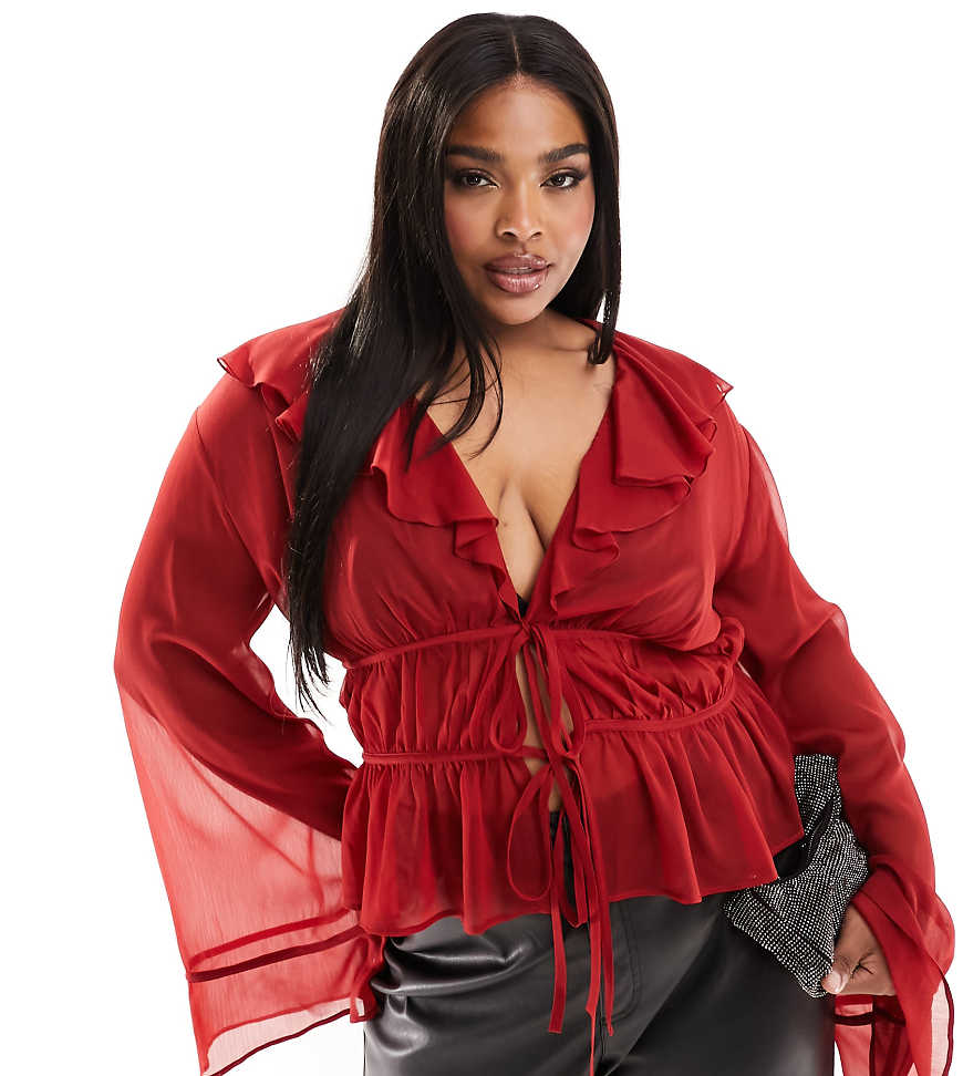 ASOS DESIGN Curve - Chiffon-Bluse in Rot mit Rüschen und Bindebändern von ASOS Curve