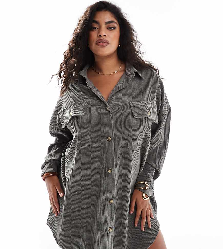 ASOS DESIGN Curve - Cord-Hemdblusenkleid in Anthrazit mit tief angesetzten Taschen und Oversize-Schnitt-Grau ASOS DESIGN Curve - Cord-Hemdblusenkleid in Anthrazit mit tief angesetzten Taschen und Oversize-Schnitt-Grau von ASOS Curve