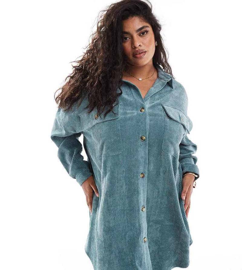 ASOS DESIGN Curve - Cord-Hemdblusenkleid in Meeresblau mit tief angesetzten Taschen und Oversize-Schnitt von ASOS Curve