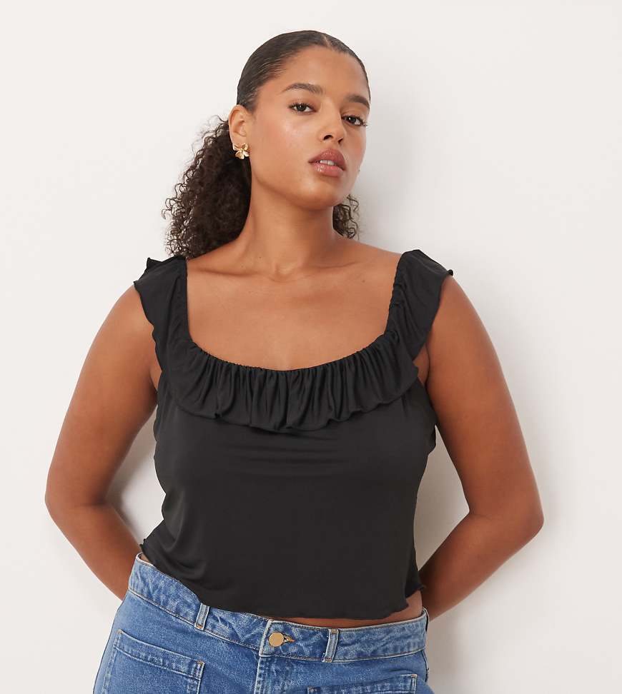 ASOS DESIGN Curve - Cropped-Top in Schwarz mit U-Ausschnitt und Rüschen von ASOS Curve