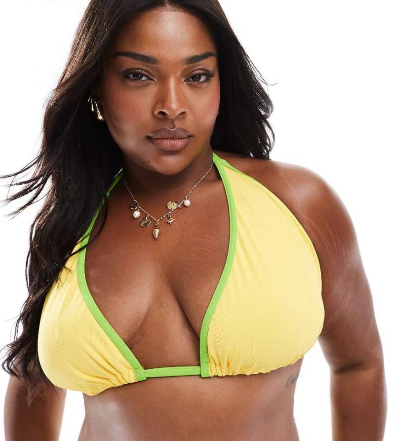 ASOS DESIGN Curve - Dani - Triangel-Bikinioberteil in Gelb und Grün mit hohem Trägeransatz-Bunt von ASOS Curve