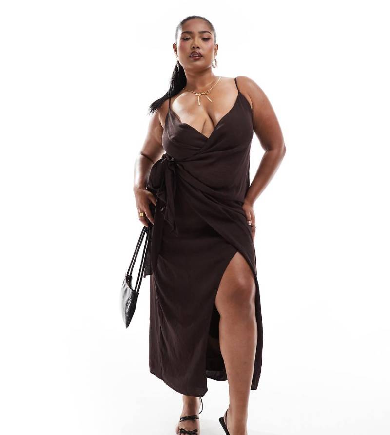 ASOS DESIGN Curve - Drapiertes, gerafftes Midi-Trägerkleid in Aubergine-Grau von ASOS Curve
