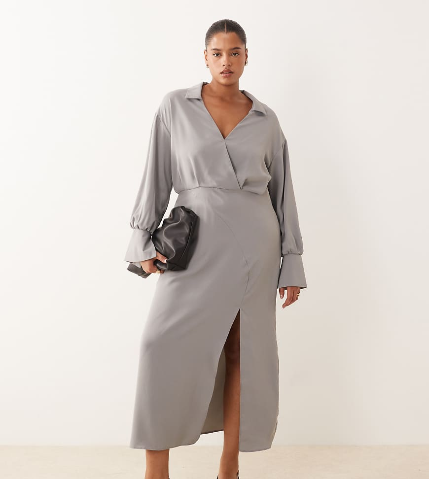 ASOS DESIGN Curve - Drapiertes Hemdkleid mit Bleistift-Midirock in Grau von ASOS Curve