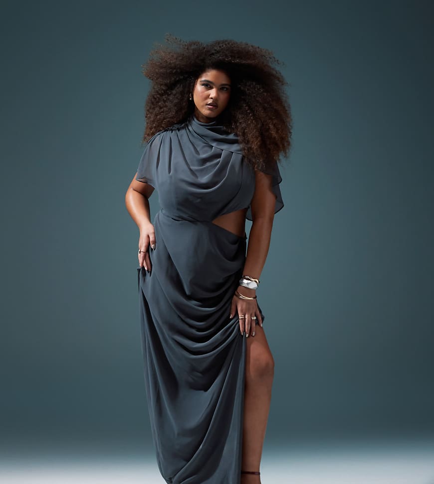ASOS DESIGN Curve - Drapiertes Maxikleid in Anthrazit mit Flügelärmeln und Zierausschnitt-Grau von ASOS Curve