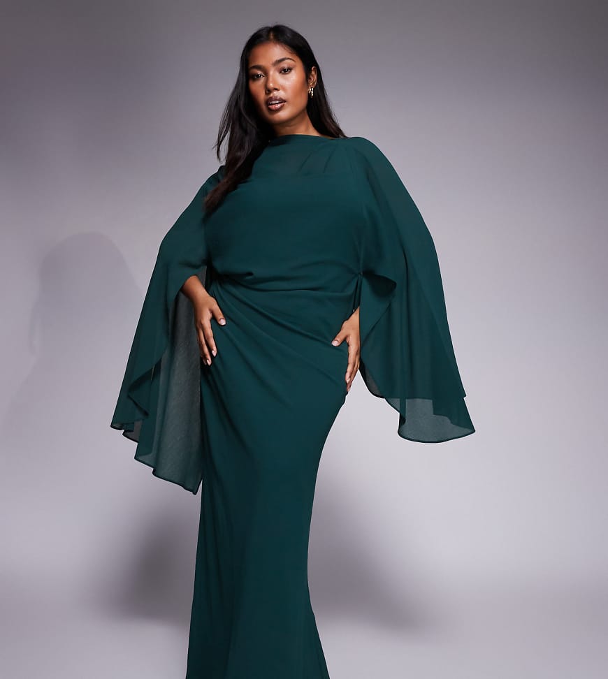 ASOS DESIGN Curve - Drapiertes Midaxi-Kleid in Khaki mit Kimono-Ärmeln, Cape-Detail und Rückenausschnitt-Grün von ASOS Curve