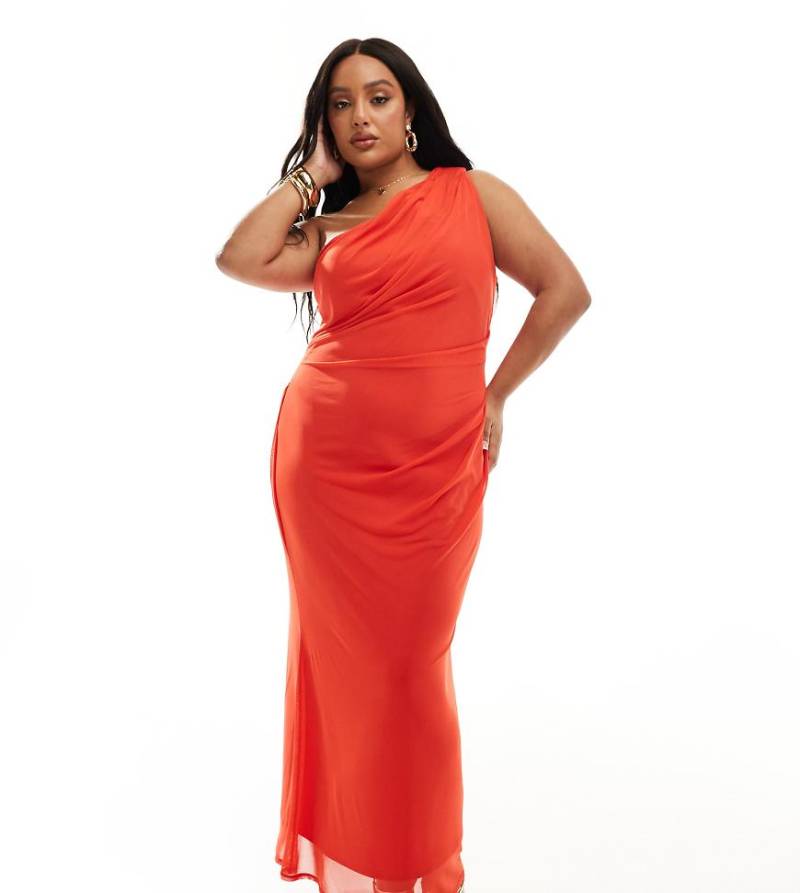 ASOS DESIGN Curve - Drapiertes Midikleid in Rot mit Netzstoff-Overlay und One-Shoulder-Träger von ASOS Curve