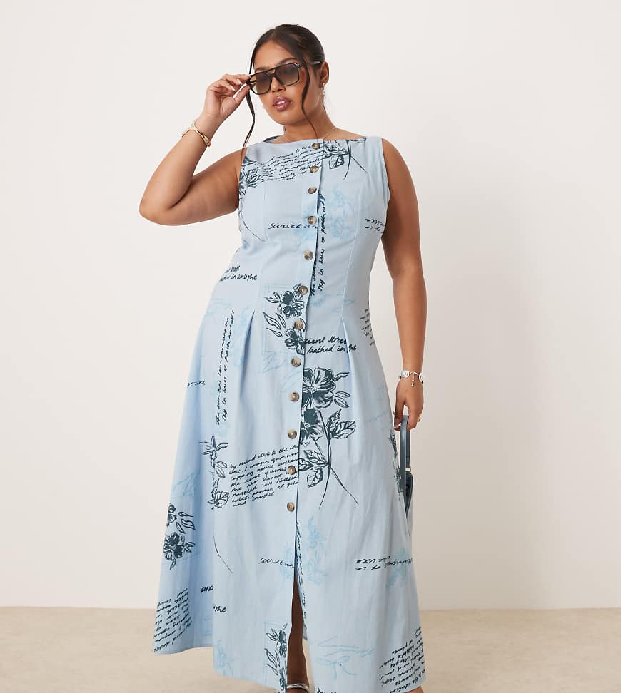 ASOS DESIGN Curve - Durchgeknöpftes Midikleid in Blau mit Westen-Design, U-Boot-Ausschnitt und Blumenmuster-Bunt von ASOS Curve