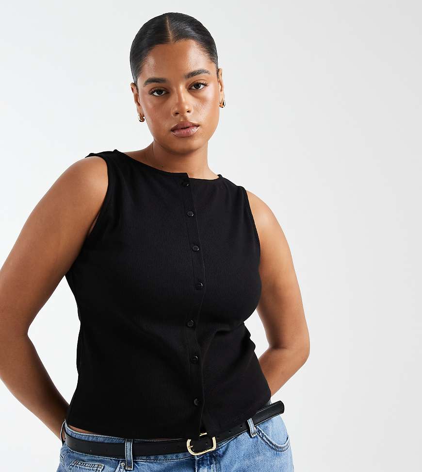 ASOS DESIGN Curve - Durchgeknöpftes Tanktop in Schwarz mit weitem Ausschnitt von ASOS Curve